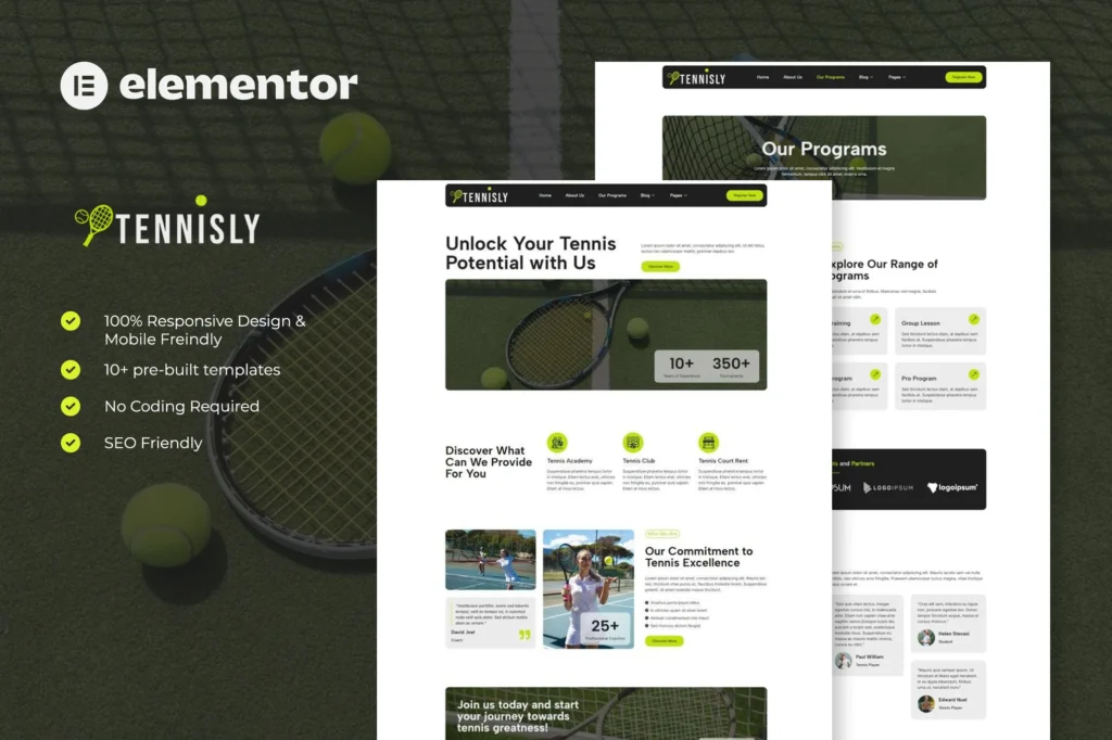 Tennisly Tennis School & Sports Club Elementor Template Kit