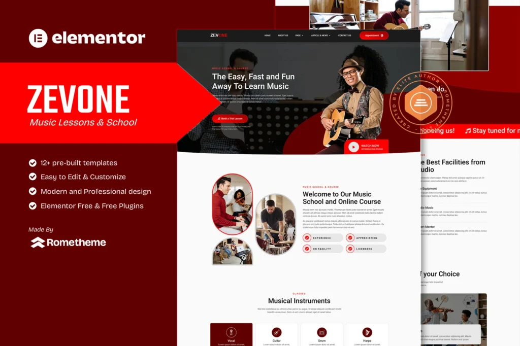 Zevone Music Lessons & School Elementor Template Kit