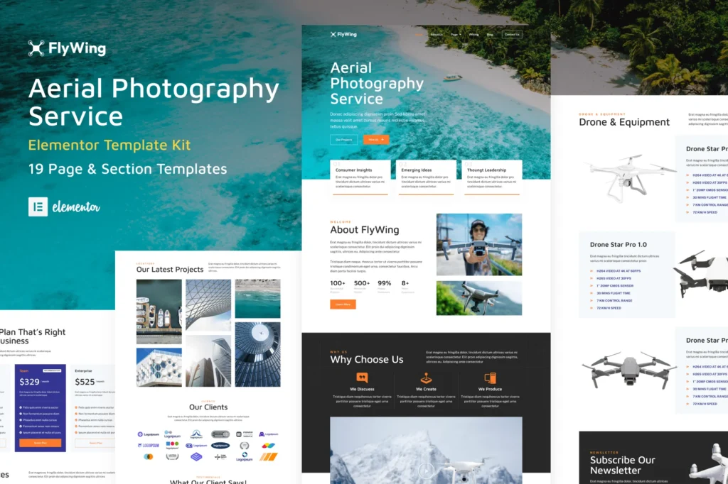 FlyWing Drone Aerial Video & Photography WordPress Elementor Template Kit