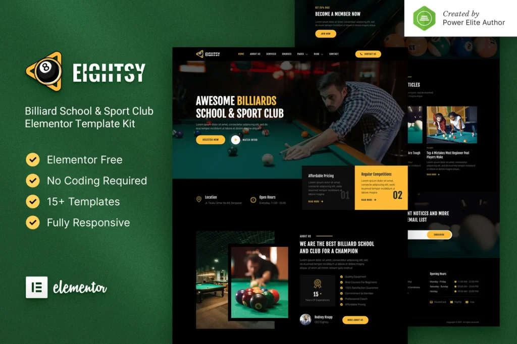 Eightsy Billiard School & Sport Club Elementor Template Kit